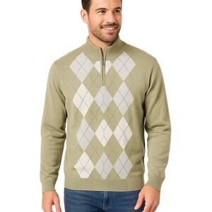 Tasso Elba Men’s Argyle Quarter-Zip Sweater  Size L  100% Cotton – Sage Green